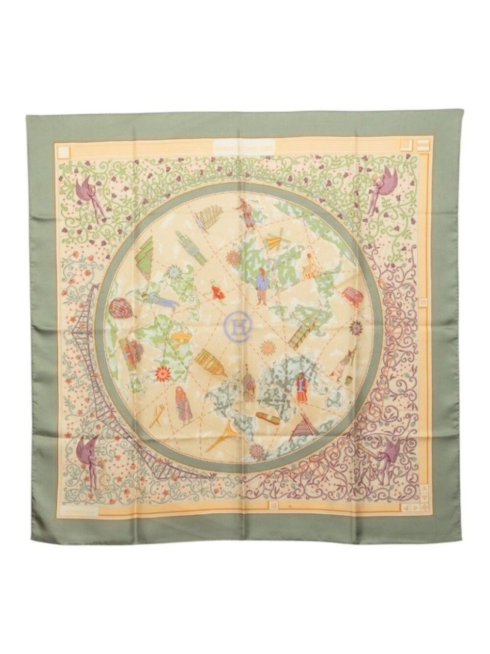 Hermes Carre 90 World Map Scarf Green Beige Silk